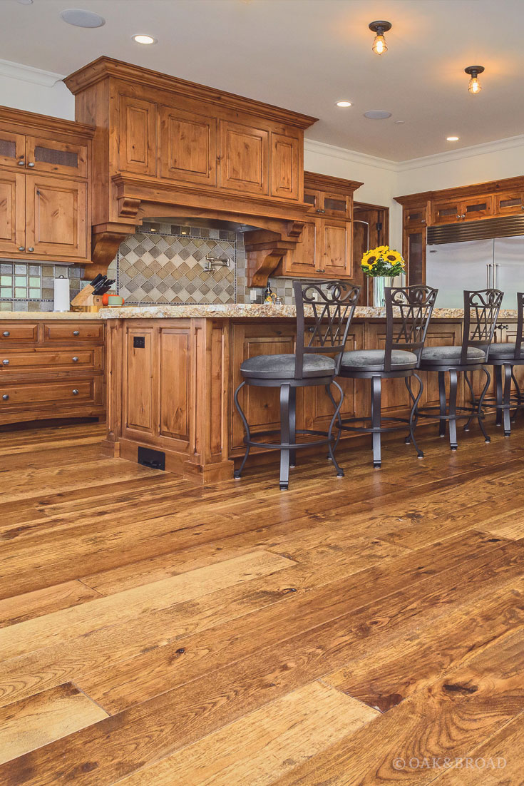 Wide Plank Hand-Scraped Hickory Hardwood Floor by Oak and Broad | warm, rustic kitchen