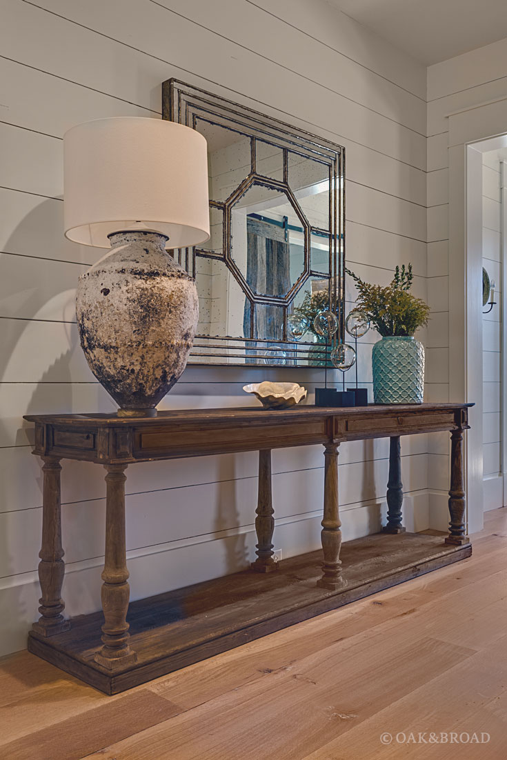 Wide Plank White Oak Hardwood Floor by Oak and Broad with Custom Stain | Unique entryway mirror in rustic modern home