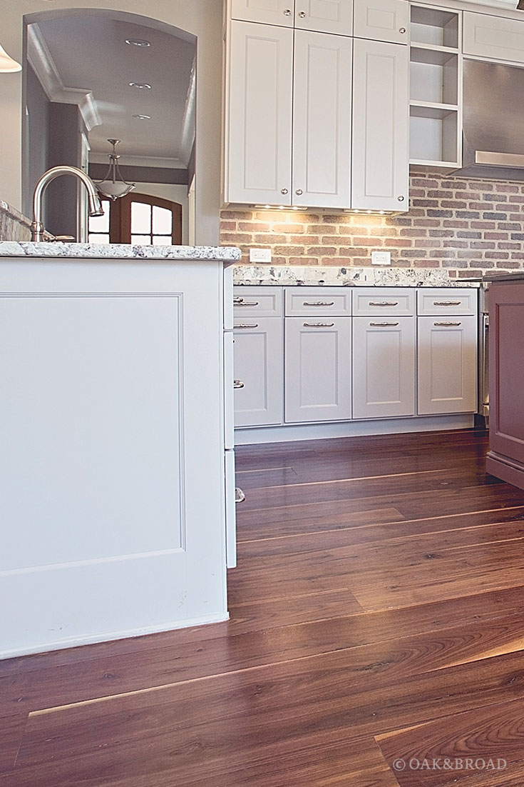 Wide Plank Black Walnut Hardwood Floor By Oak And Broad | Rustic Character Grade |Kitchen Detail