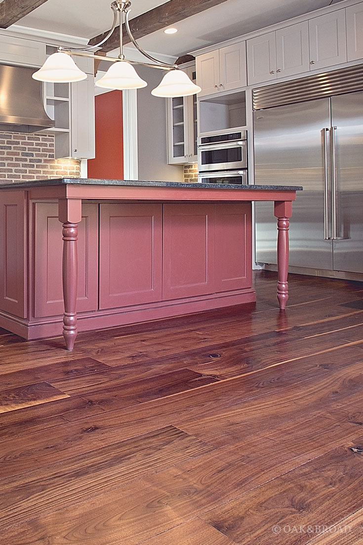 Wide Plank Black Walnut Hardwood Floor By Oak And Broad | Rustic Character Grade |Kitchen with Island