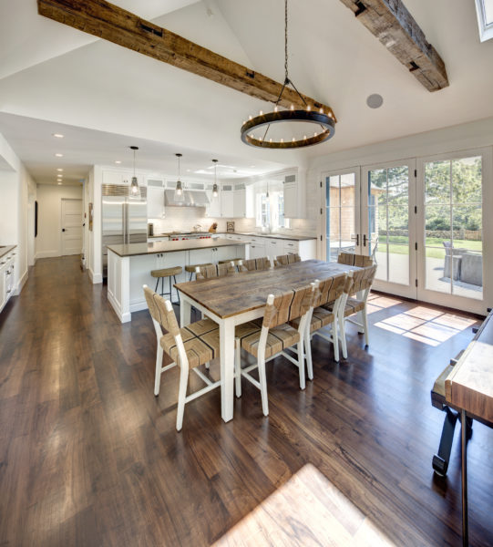 wood plank flooring in modern rustic kitchen in Marthas Vinyard