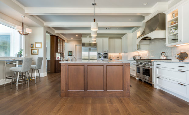 American White Oak Wood plank flooring in contemporary kitchen
