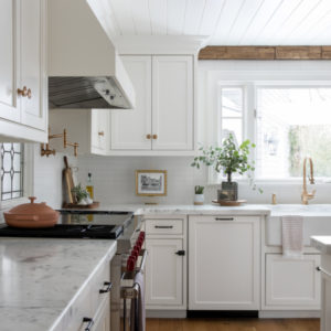 White Kitchen With Marble Counter Tops - Oak And Broad